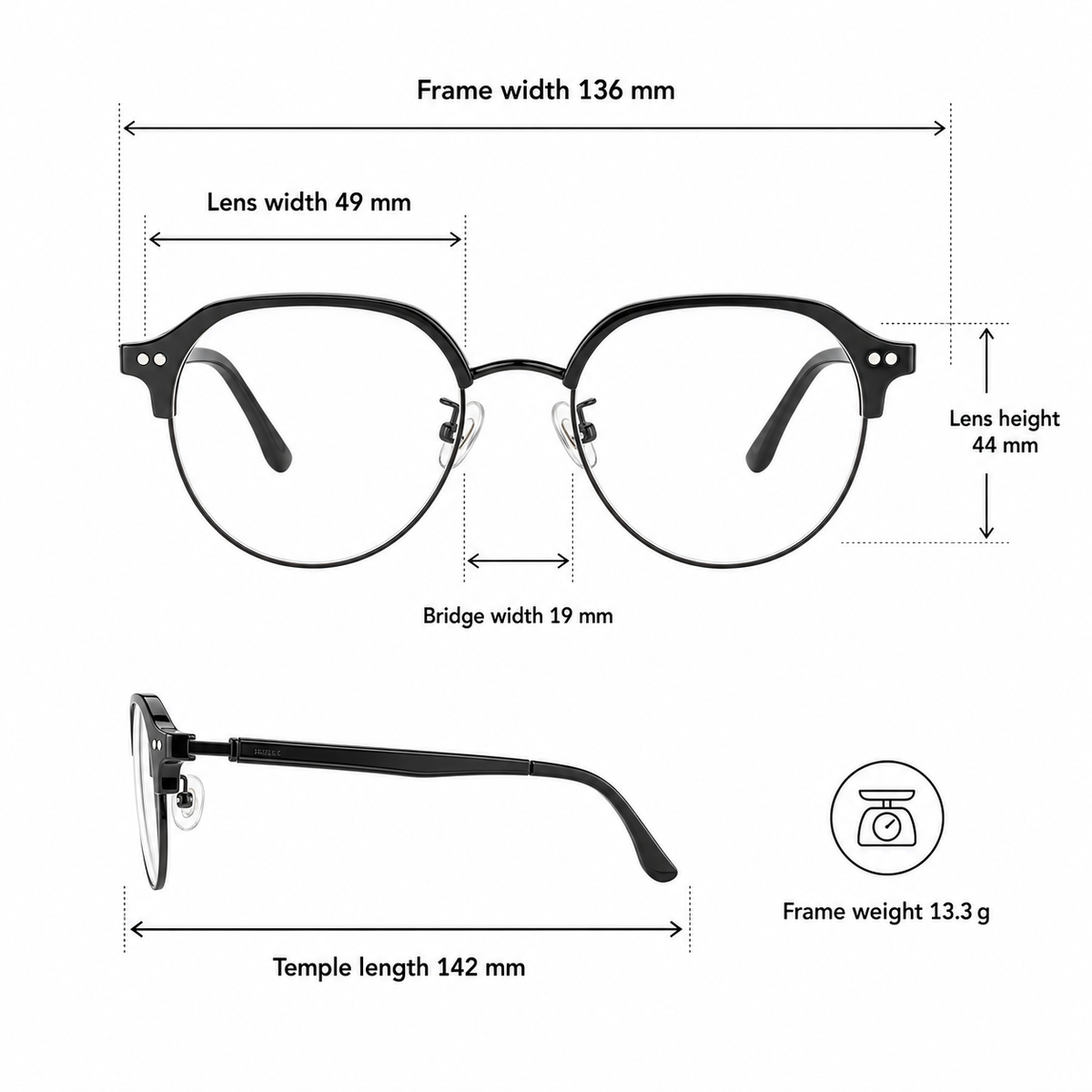 Black Intellectual Vintage Semi-Rimmed Eyeglasses measurement size guide