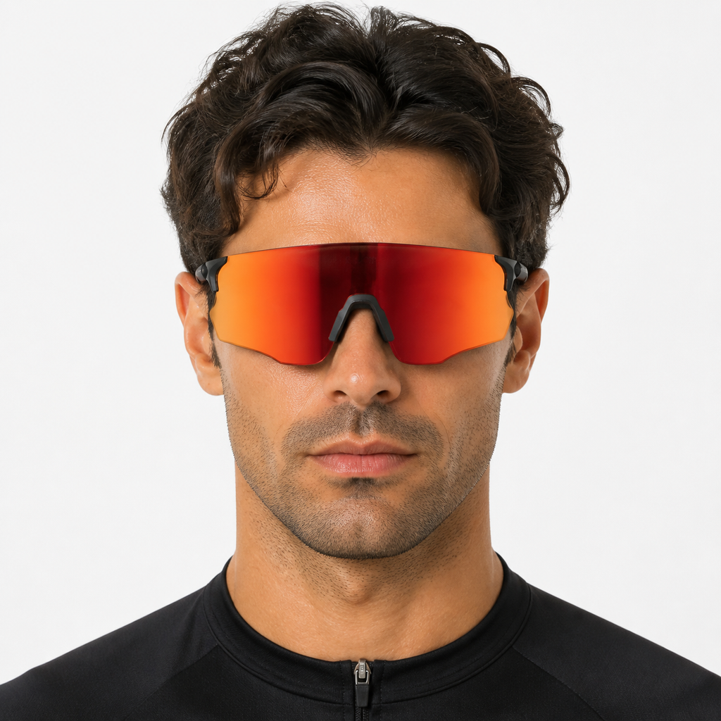 Matte Black Frame/Red Lens Unisex TR90 Lightweight Shield Cycling Sunglasses, worn by an adult model, front fit