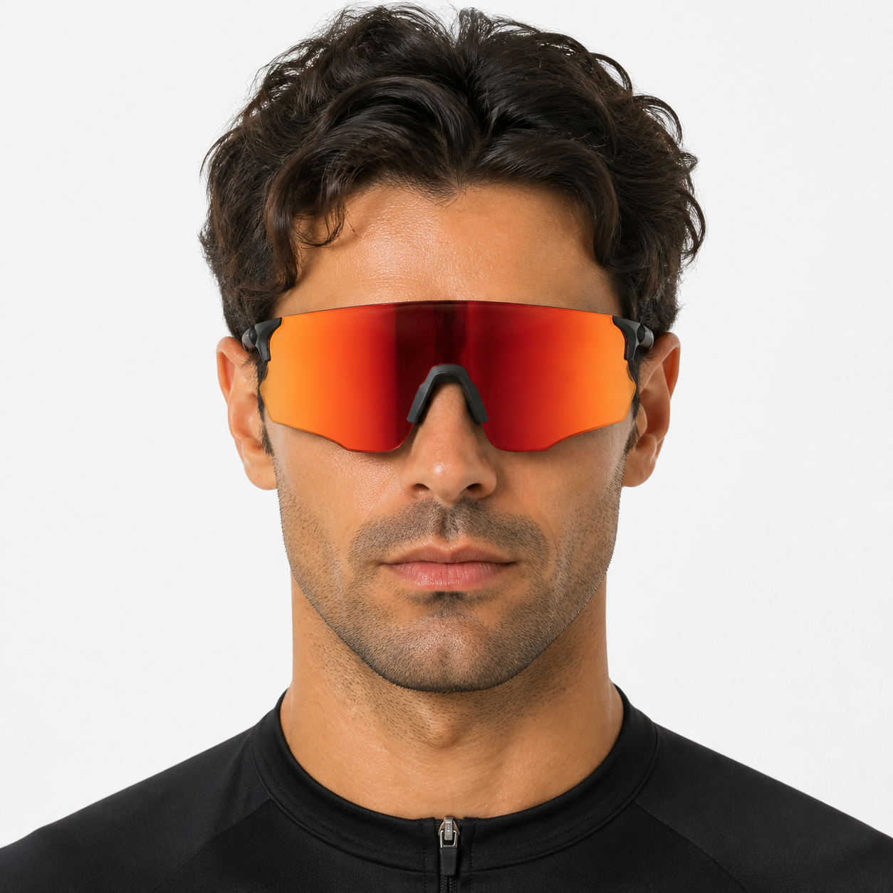 Matte Black Frame/Red Lens Unisex TR90 Lightweight Shield Cycling Sunglasses, worn by an adult model, front fit