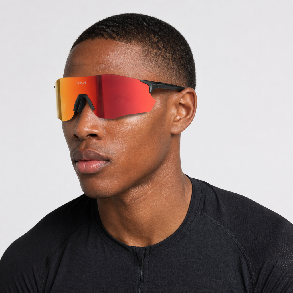 Matte Black Frame/Red Lens Unisex TR90 Lightweight Shield Cycling Sunglasses, worn by an adult model, alternate fit