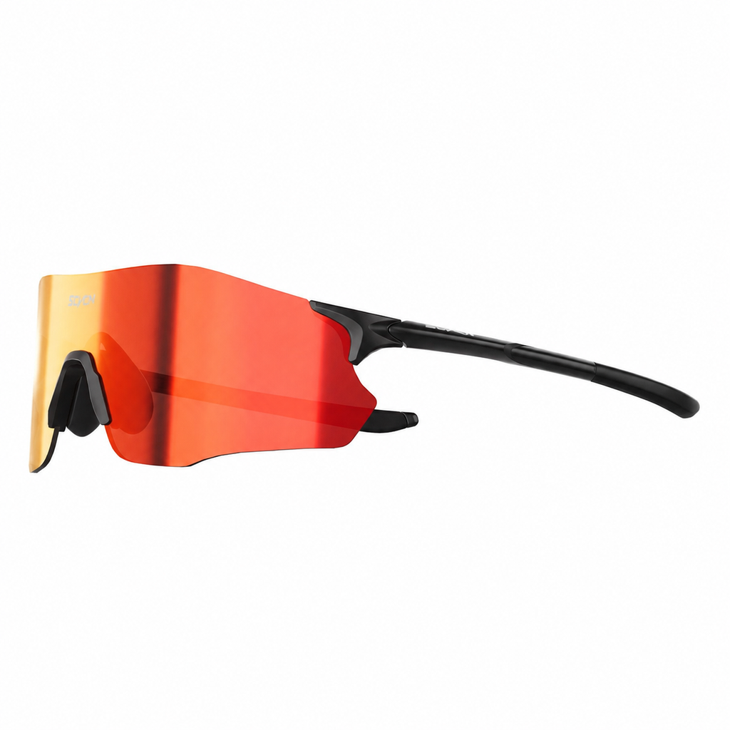 Matte Black Frame/Red Lens Unisex TR90 Lightweight Shield Cycling Sunglasses, side temple product view