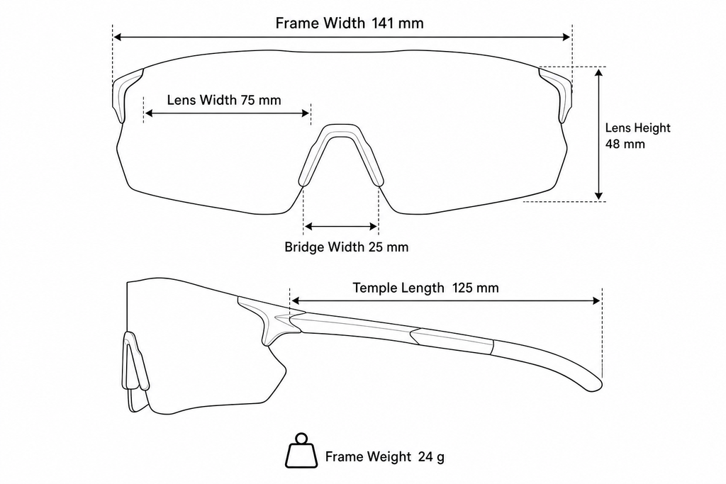 Unisex TR90 Lightweight Shield Cycling Sunglasses frame measurements and weight guide