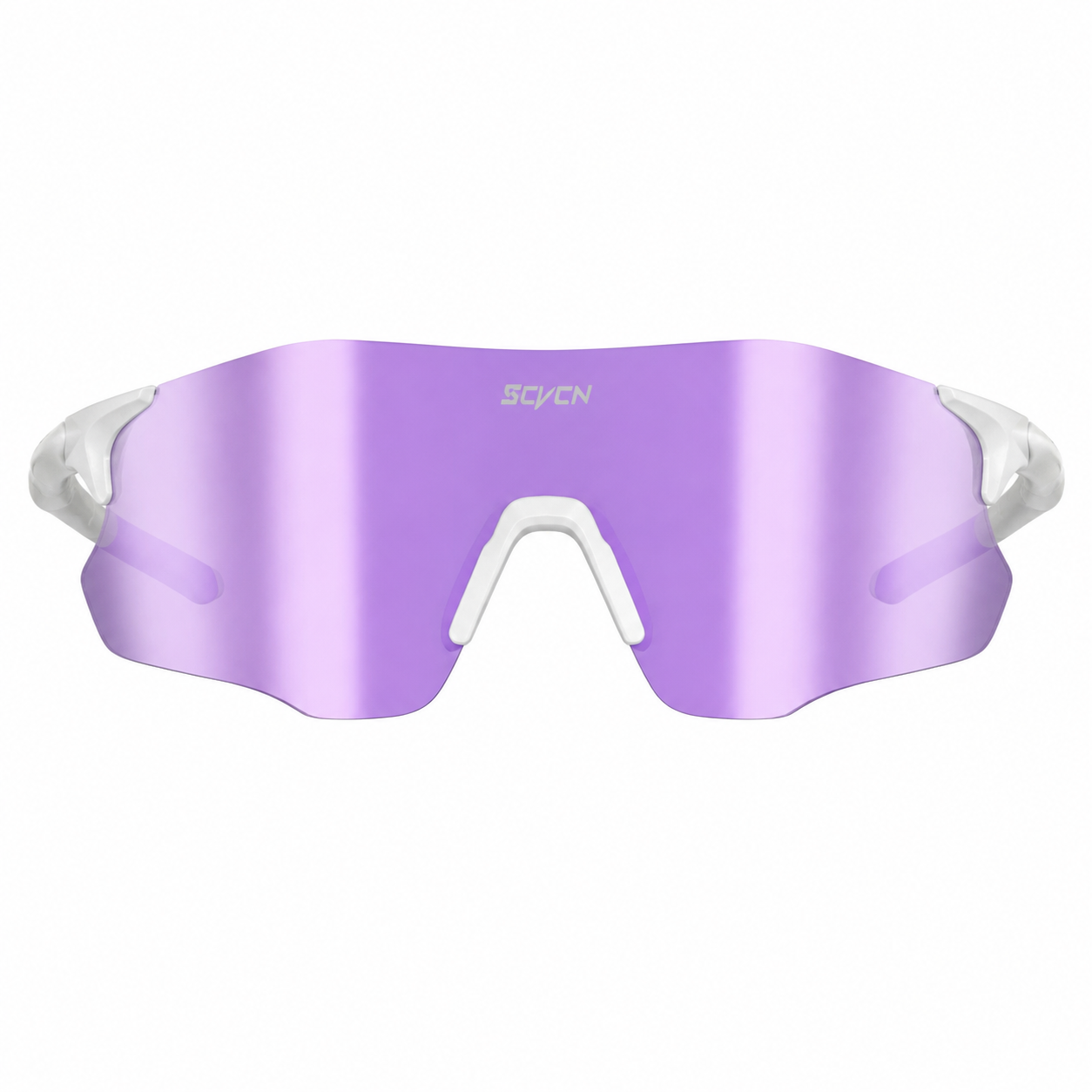 White Frame/Purple Lens Unisex TR90 Lightweight Shield Cycling Sunglasses, clean front product view