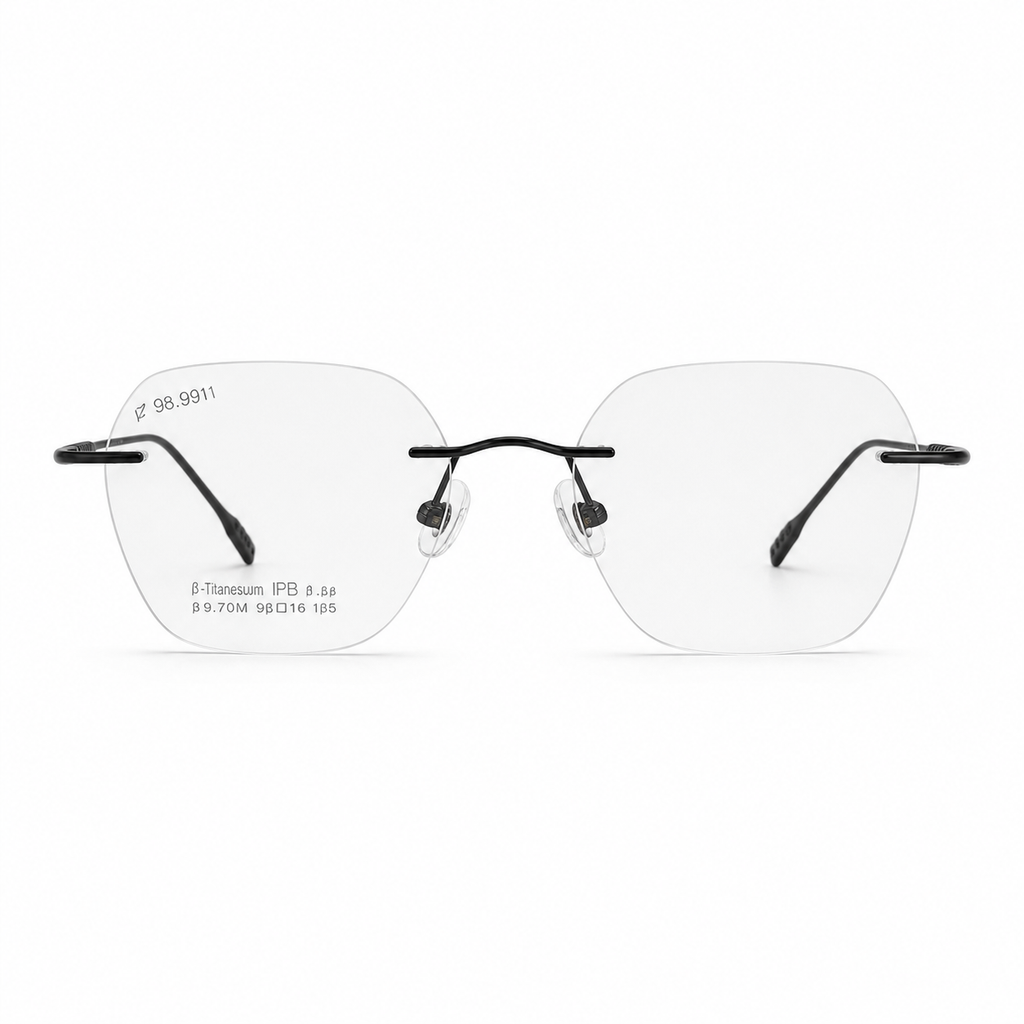 Black Unisex Pure Titanium Rimless Soft-Square Glasses, clean front product view