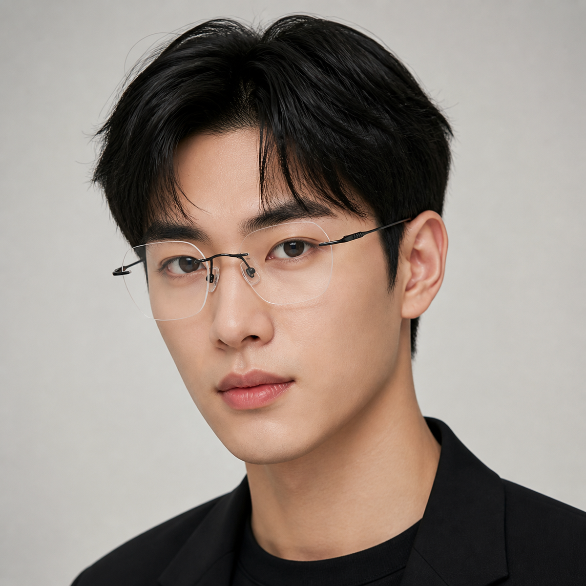 Black Unisex Pure Titanium Rimless Soft-Square Glasses, worn by an adult model, front fit