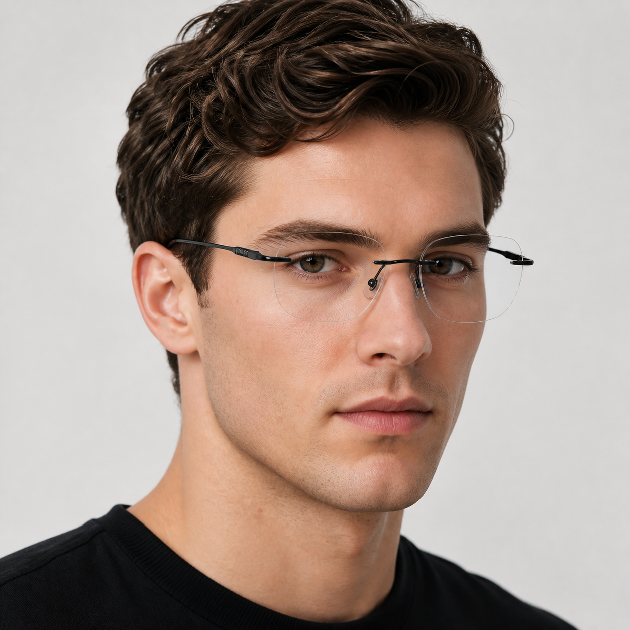 Black Unisex Pure Titanium Rimless Soft-Square Glasses, worn by an adult model, alternate fit