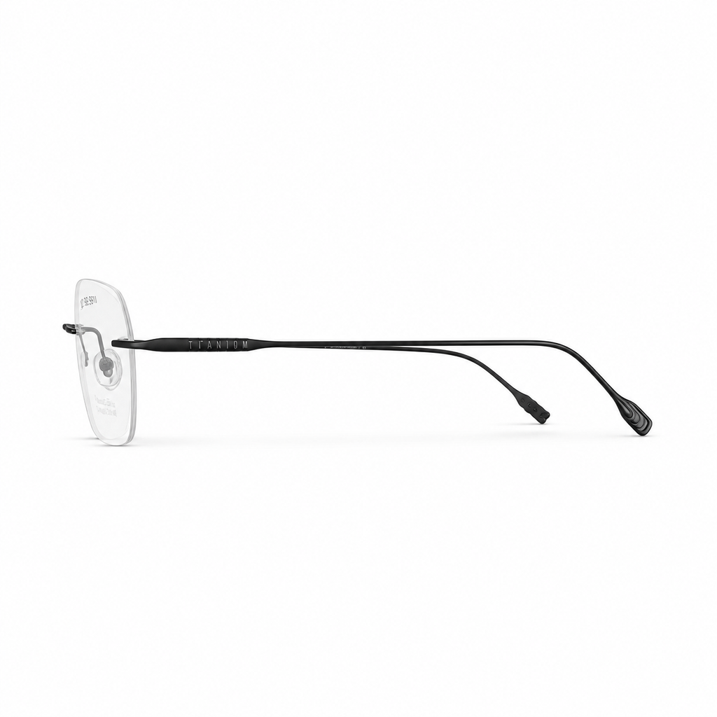 Black Unisex Pure Titanium Rimless Soft-Square Glasses, side temple product view