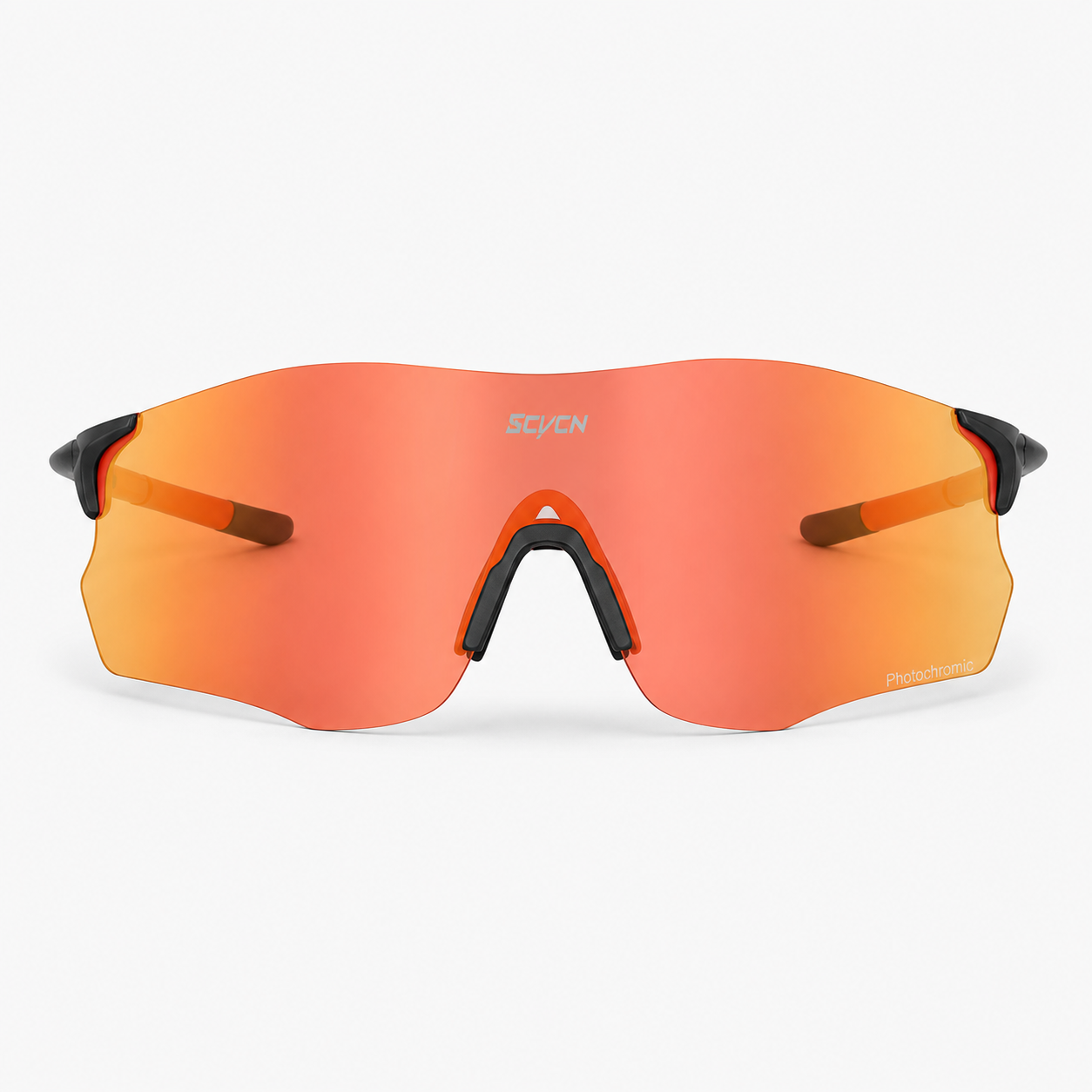 Matte Black Frame/Photochromic Red Lens Unisex TR90 Rimless Shield Photochromic Sports Sunglasses, clean front product view