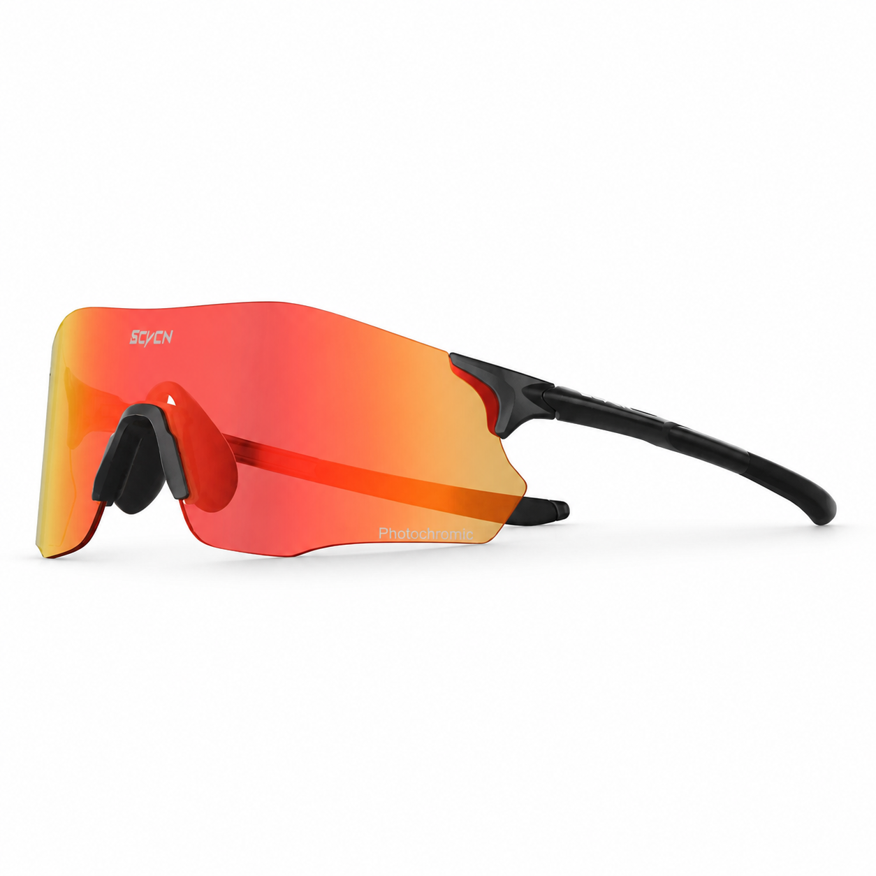 Matte Black Frame/Photochromic Red Lens Unisex TR90 Rimless Shield Photochromic Sports Sunglasses, side temple product view