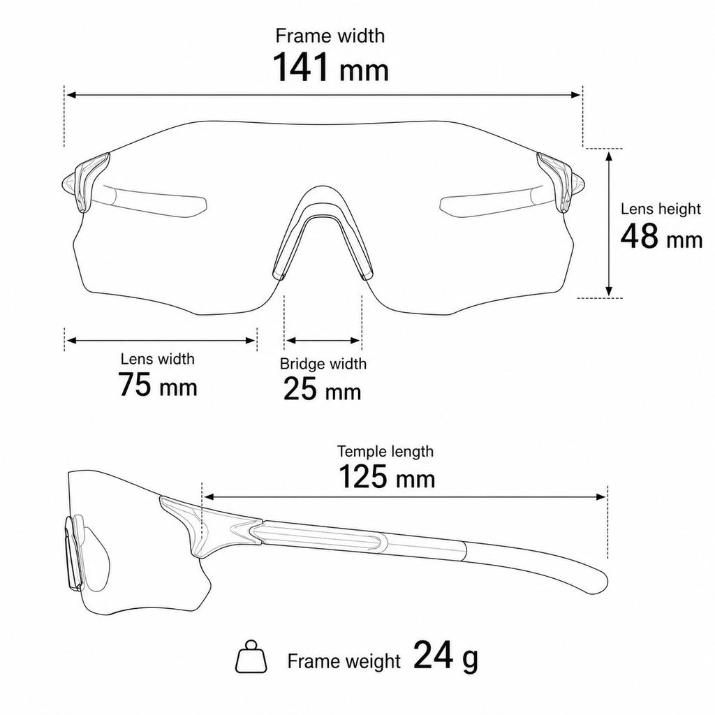 Unisex TR90 Rimless Shield Photochromic Sports Sunglasses frame measurements and weight guide