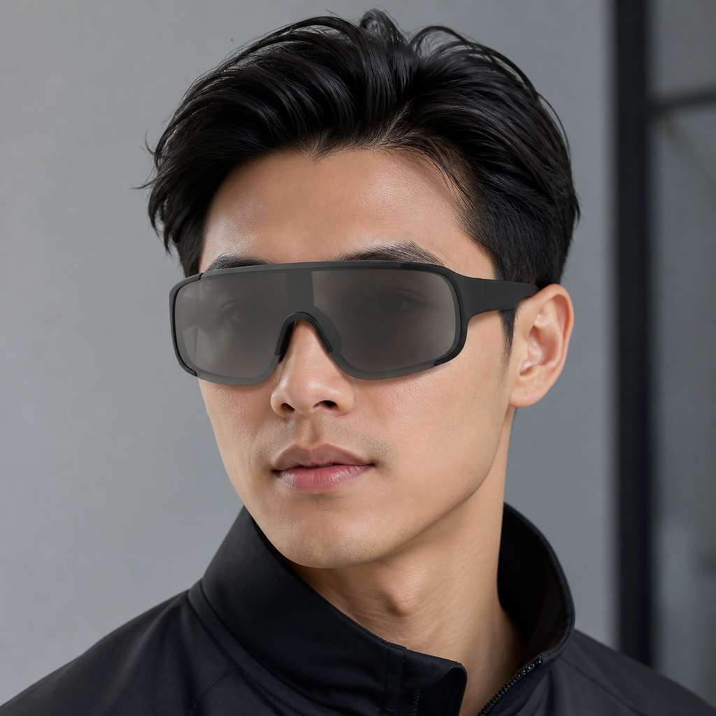 Gray Men's Polycarbonate Oversized Shield UV400 Sunglasses, worn by an adult model, front fit