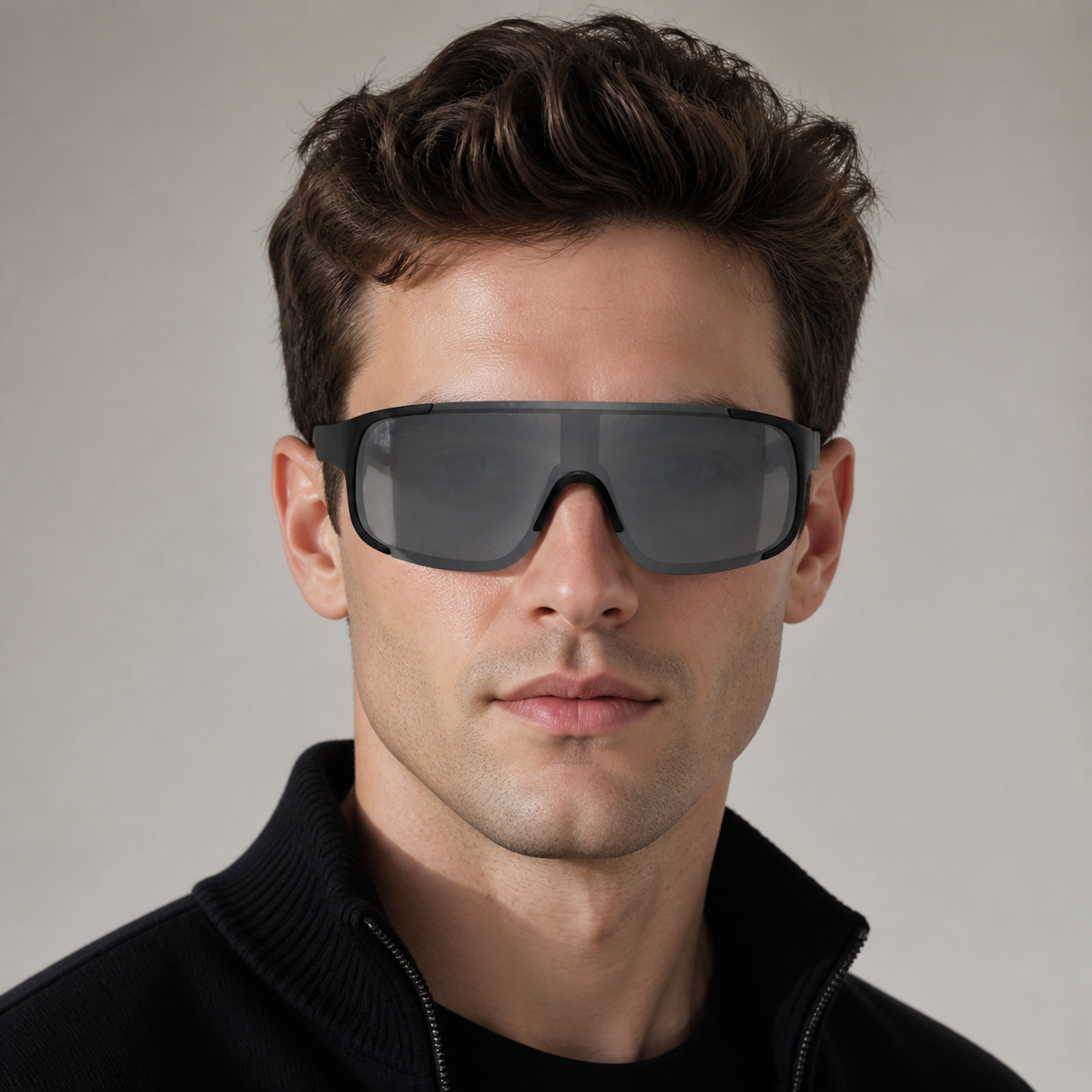 Gray Men's Polycarbonate Oversized Shield UV400 Sunglasses, worn by an adult model, alternate fit