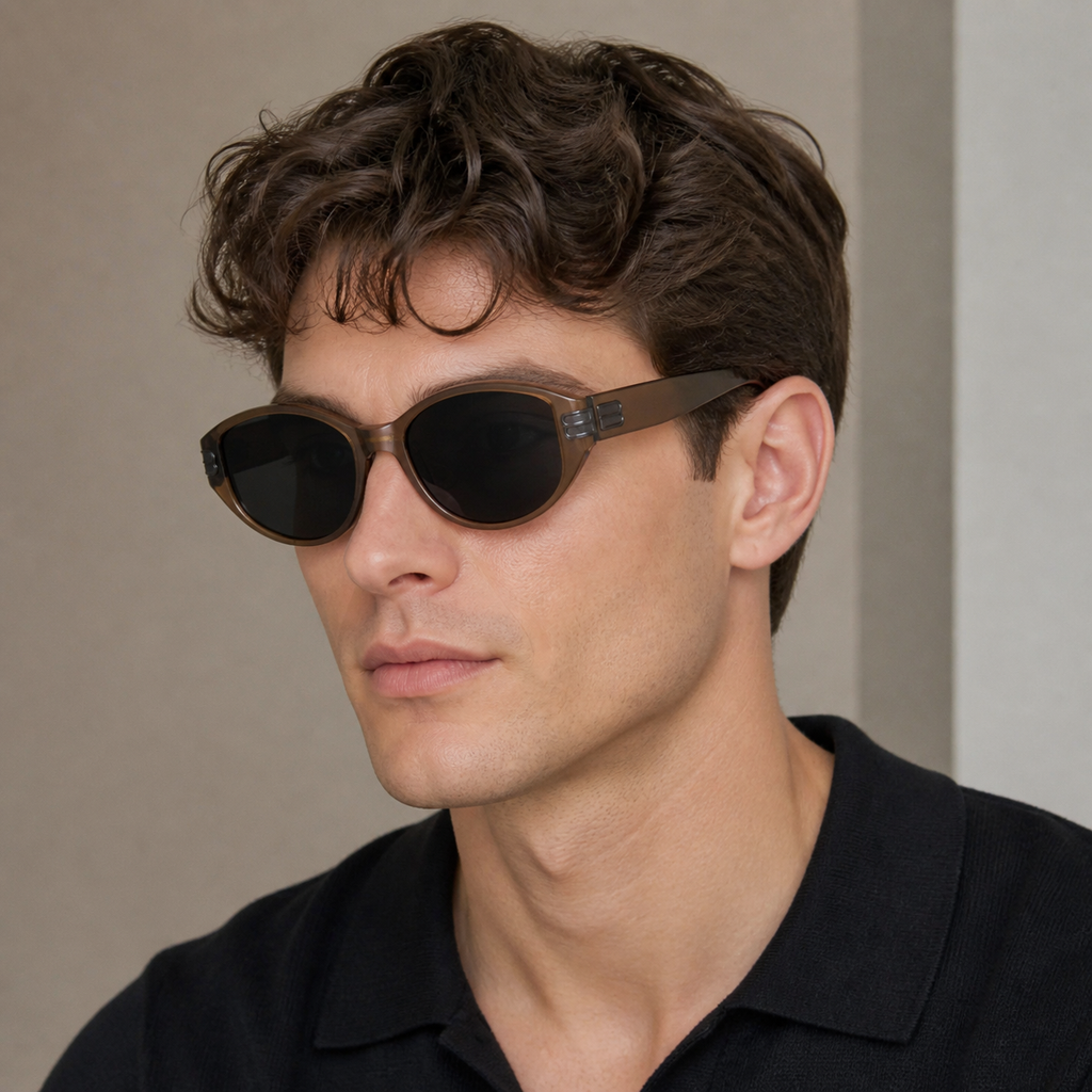 Mocha Brown Men's TR90 Narrow Cat-Eye UV400 Sunglasses, worn by an adult model, alternate fit