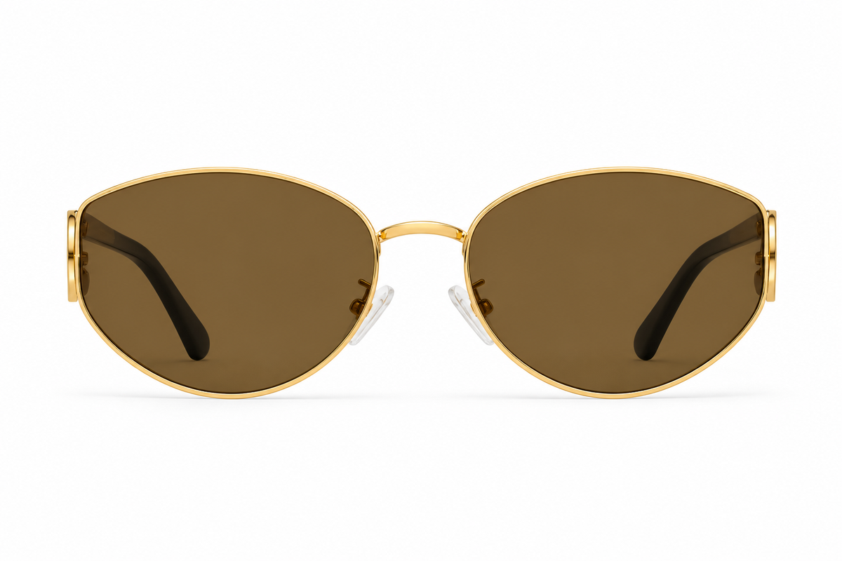 Gold women's metal tea cat-eye UV400 sunglasses, front product view