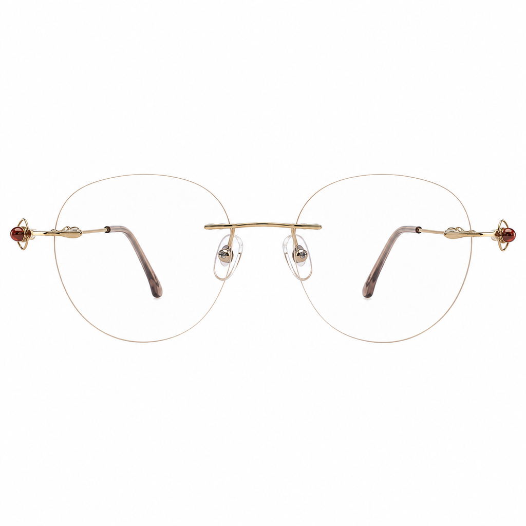 Gold Women's Titanium Rimless Rounded Cat-Eye Glasses, clean front product view