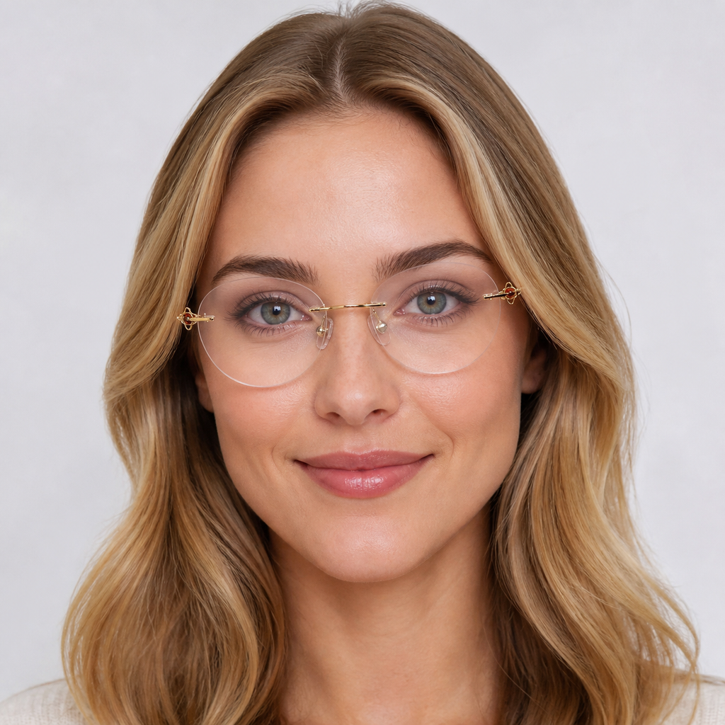Gold Women's Titanium Rimless Rounded Cat-Eye Glasses, worn by an adult model, front fit
