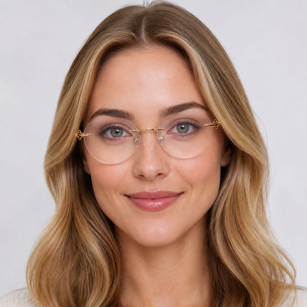 Gold Women's Titanium Rimless Rounded Cat-Eye Glasses, worn by an adult model, front fit