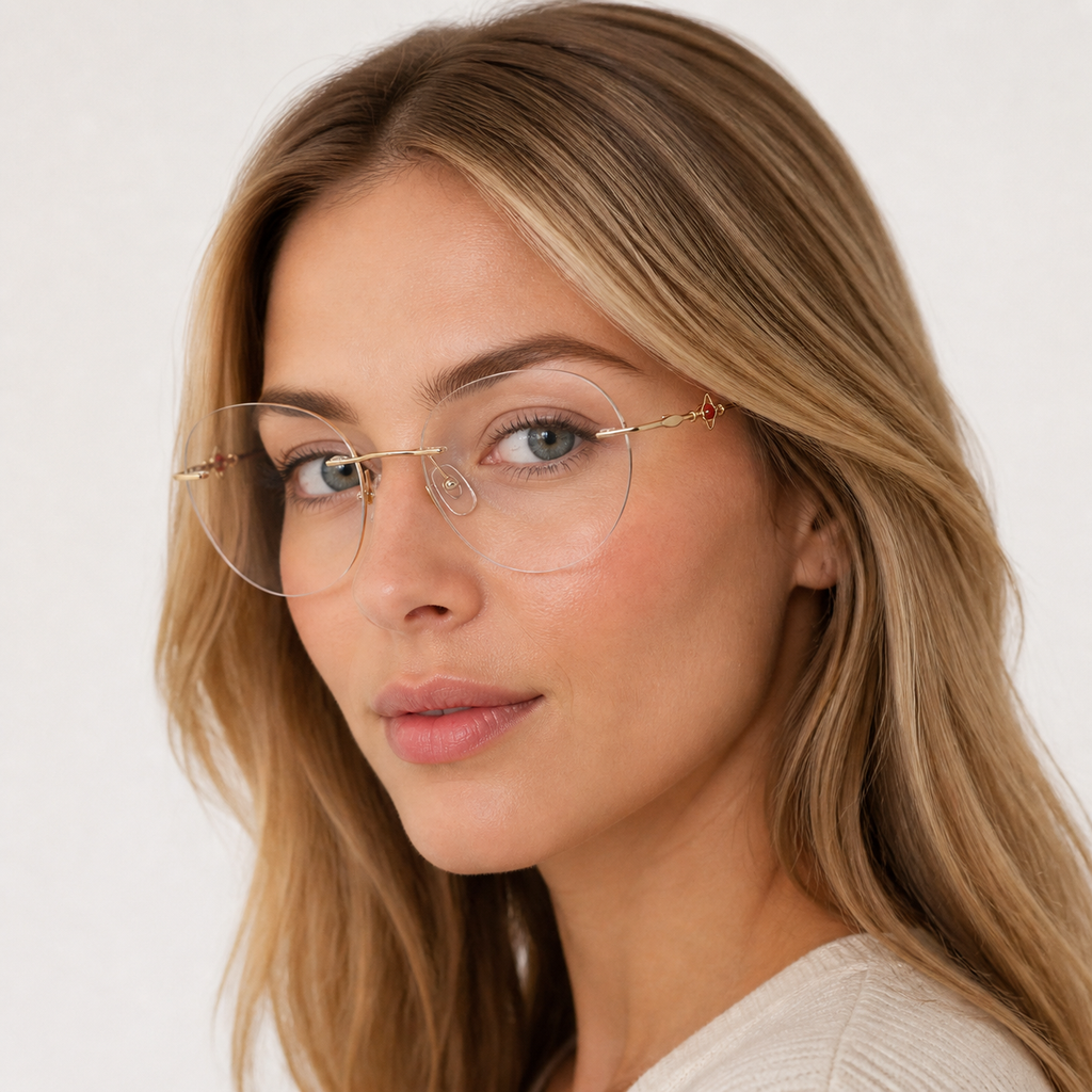 Gold Women's Titanium Rimless Rounded Cat-Eye Glasses, worn by an adult model, alternate fit