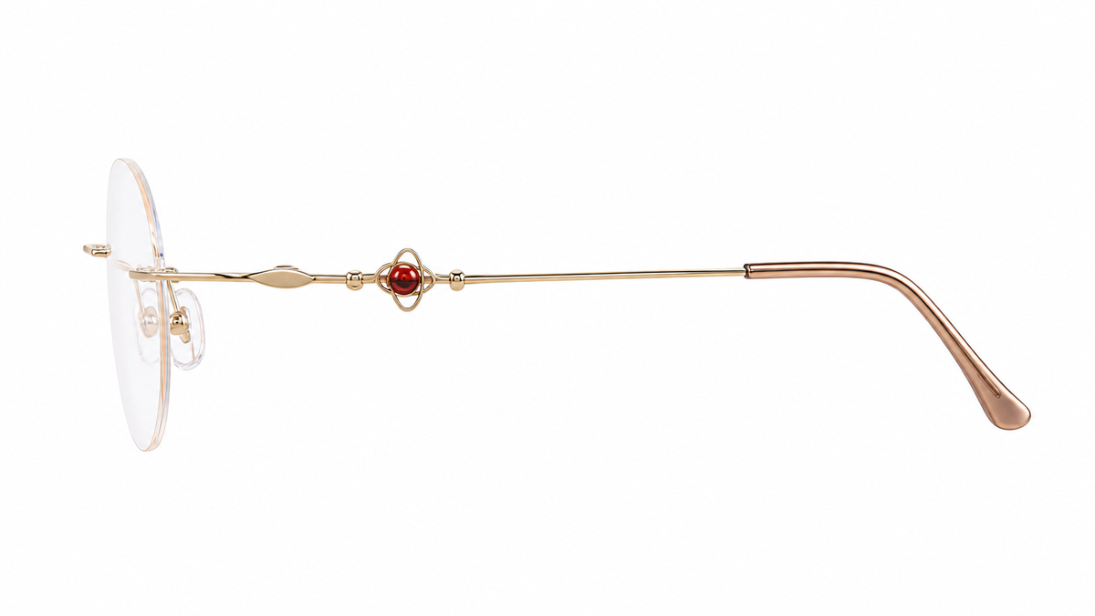 Gold Women's Titanium Rimless Rounded Cat-Eye Glasses, side temple product view