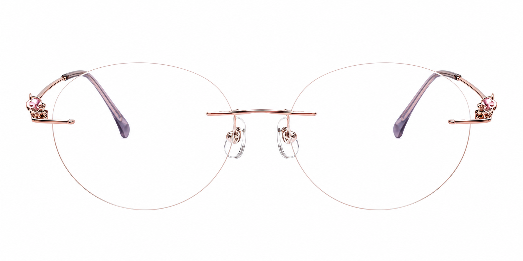 Rose Gold Women's Titanium Rimless Rounded Cat-Eye Glasses, clean front product view