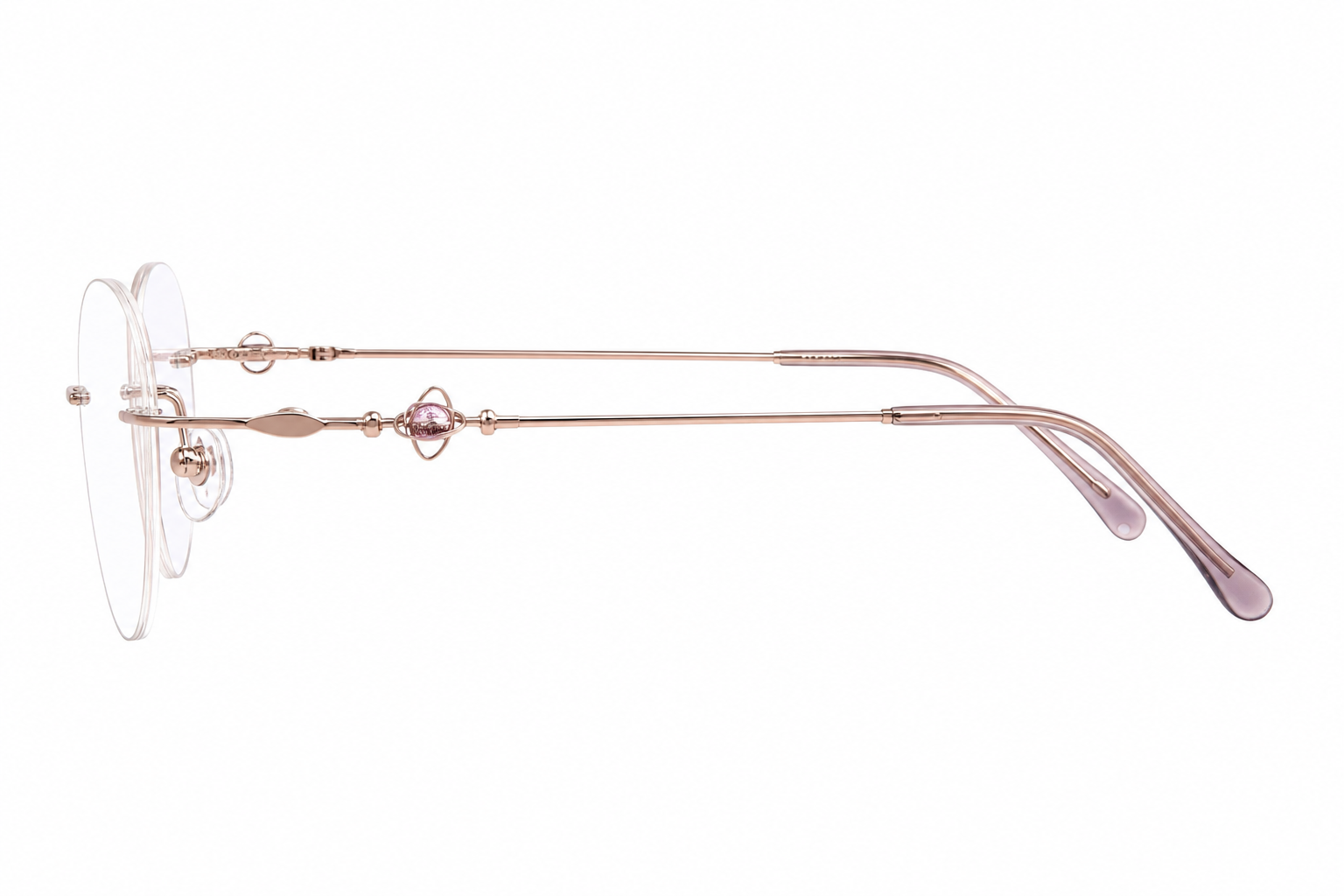 Rose Gold Women's Titanium Rimless Rounded Cat-Eye Glasses, side temple product view
