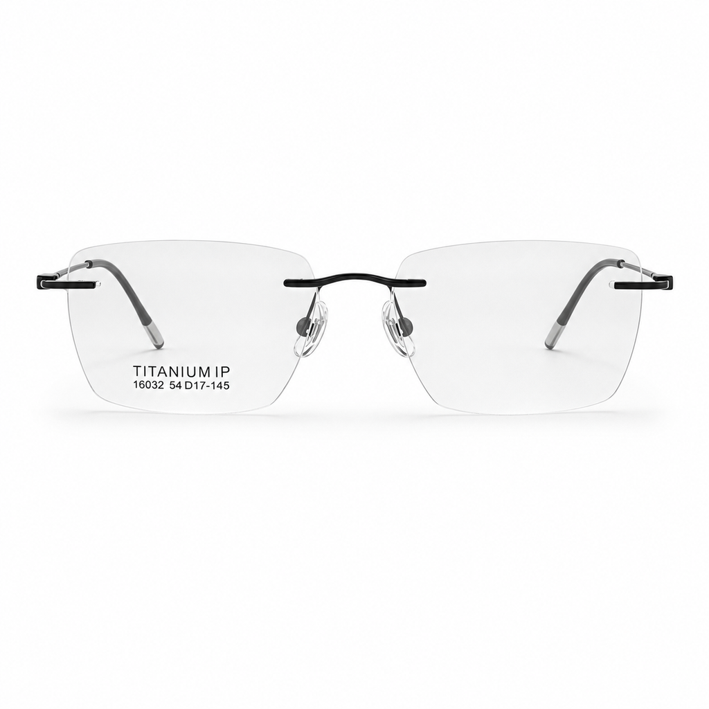 Black Unisex Pure Titanium Rimless Rectangle Glasses, clean front product view