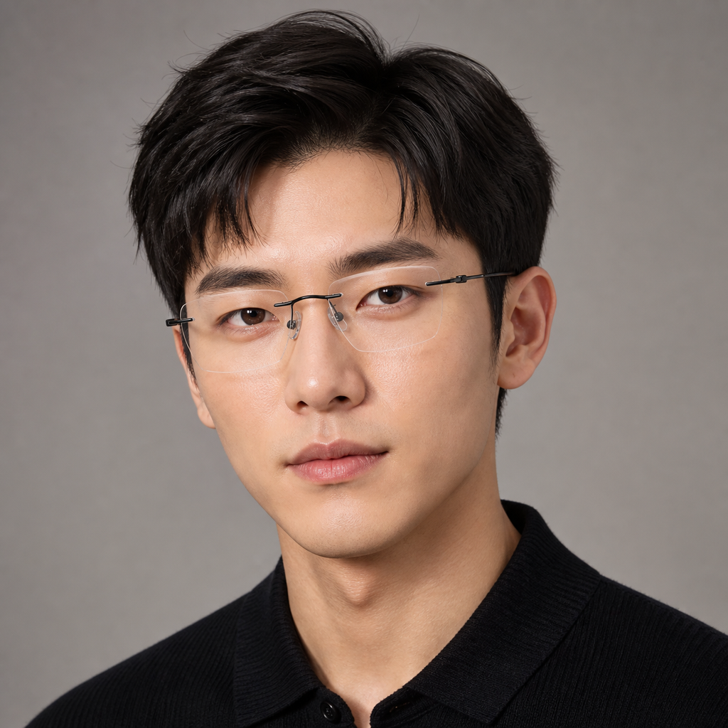 Black Unisex Pure Titanium Rimless Rectangle Glasses, worn by an adult model, front fit