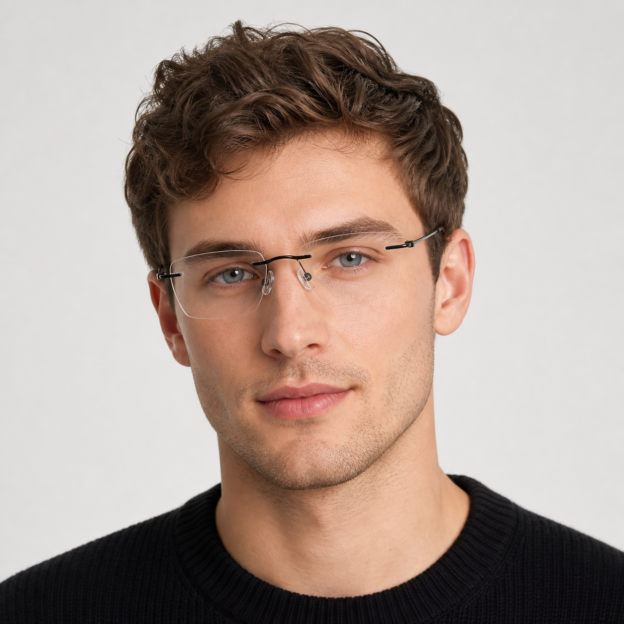 Black Unisex Pure Titanium Rimless Rectangle Glasses, worn by an adult model, alternate fit