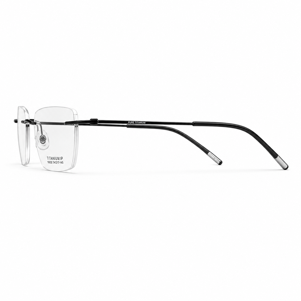 Black Unisex Pure Titanium Rimless Rectangle Glasses, side temple product view