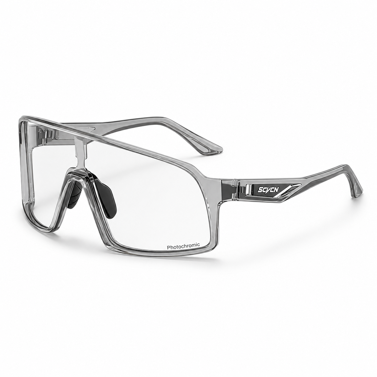 Crystal Grey Frame/Photochromic Grey Lens Unisex TR90 Photochromic Rectangle Cycling Glasses, 45-degree product view