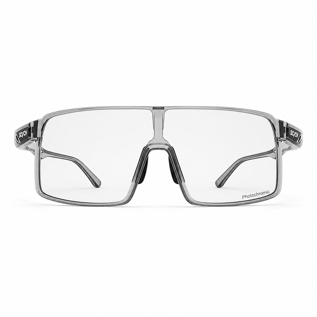 Crystal Grey Frame/Photochromic Grey Lens Unisex TR90 Photochromic Rectangle Cycling Glasses, clean front product view