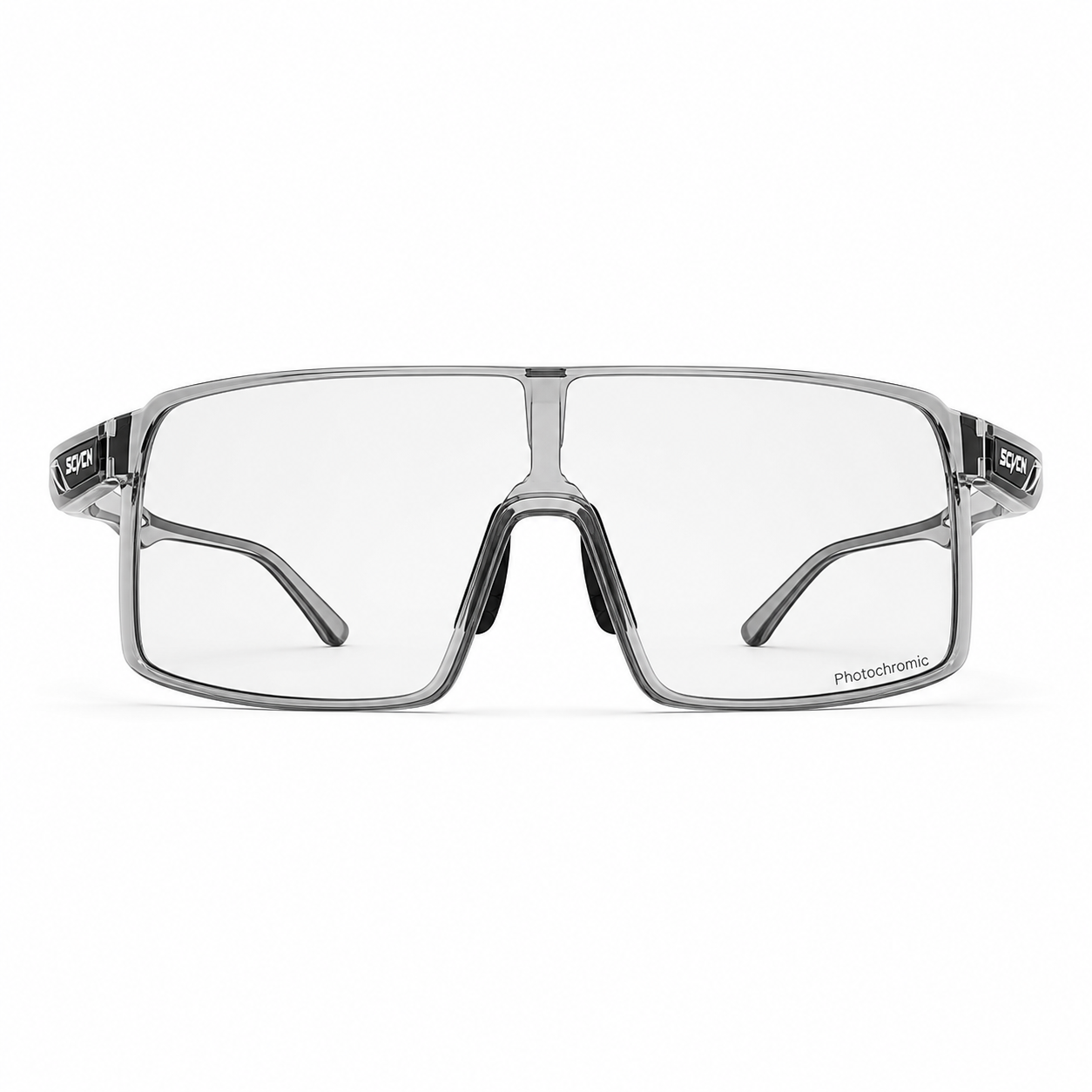 Crystal Grey Frame/Photochromic Grey Lens Unisex TR90 Photochromic Rectangle Cycling Glasses, clean front product view