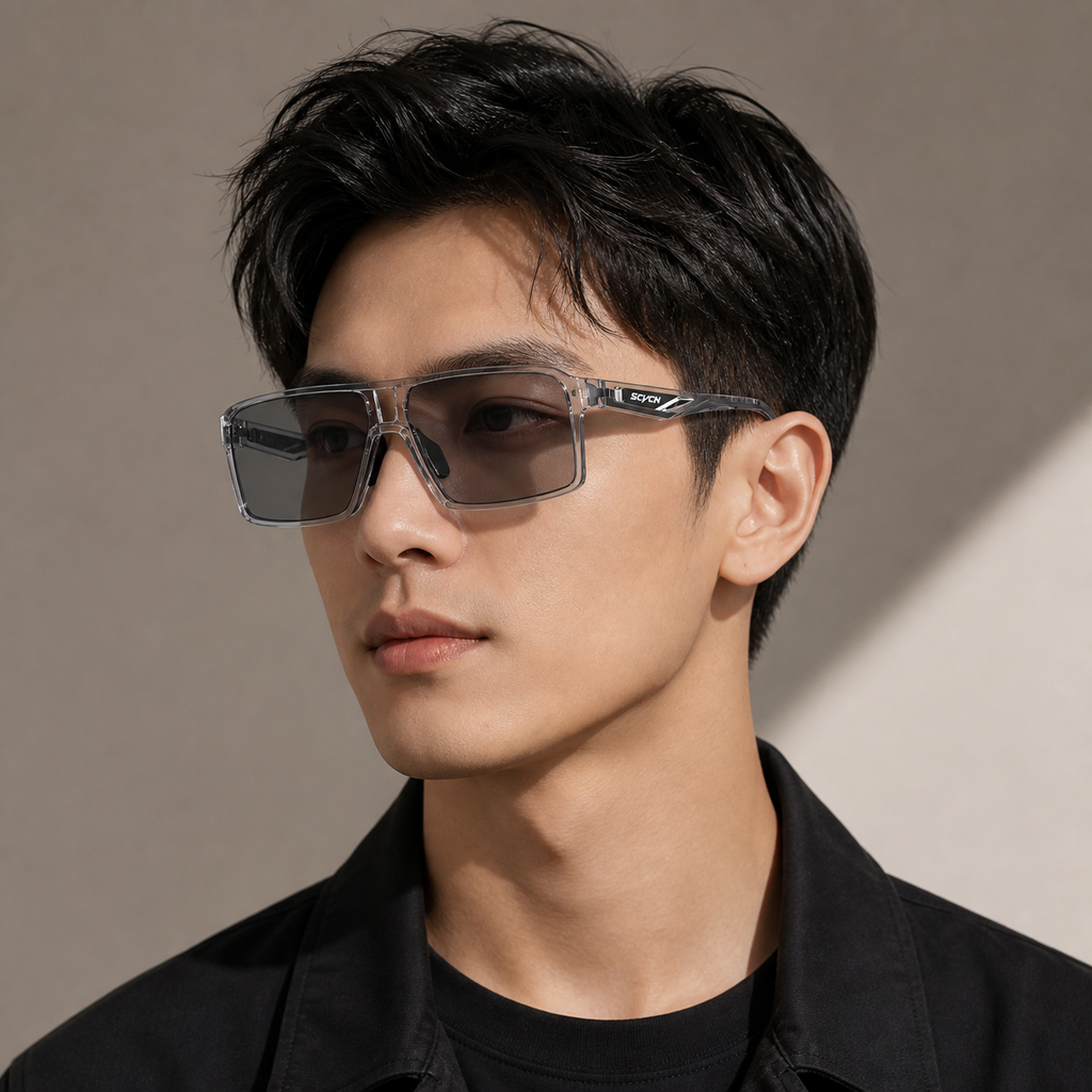 Crystal Grey Frame/Photochromic Grey Lens eyewear, worn by an adult model, front fit