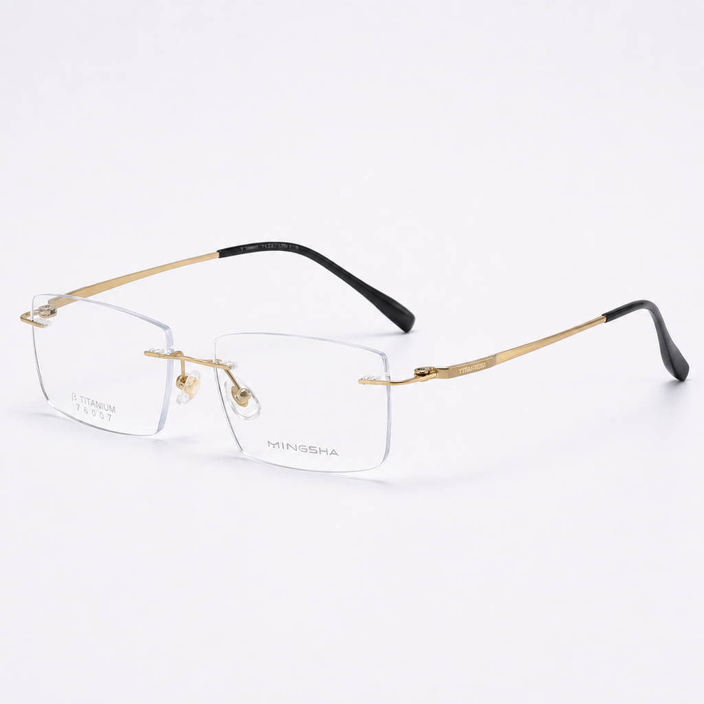Gold Men's Semi-Titanium Rimless Rectangular Glasses, 45-degree product view