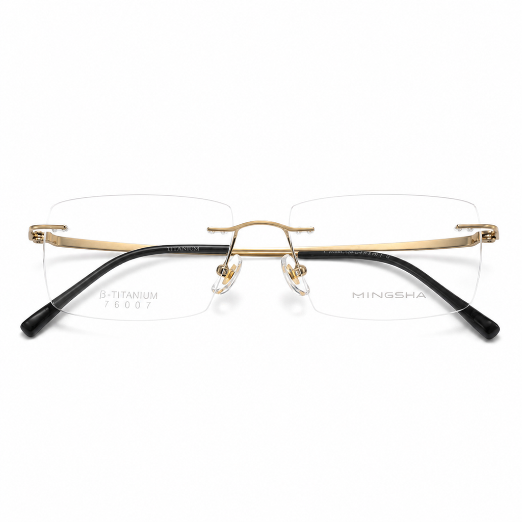 Gold Men's Semi-Titanium Rimless Rectangular Glasses, clean front product view