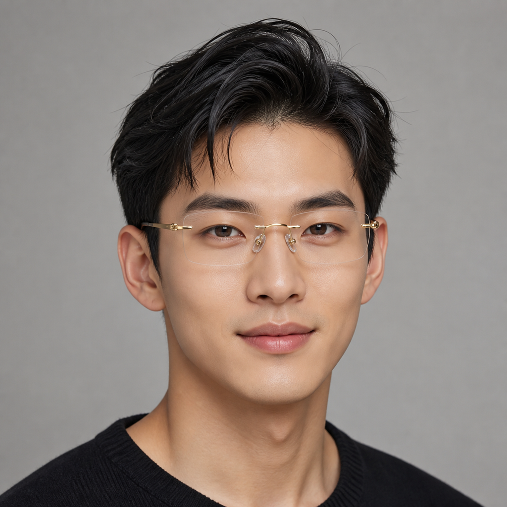 Gold Men's Semi-Titanium Rimless Rectangular Glasses, worn by an adult model, front fit