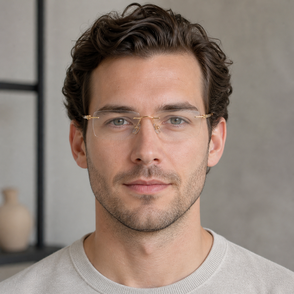 Gold Men's Semi-Titanium Rimless Rectangular Glasses, worn by an adult model, alternate fit