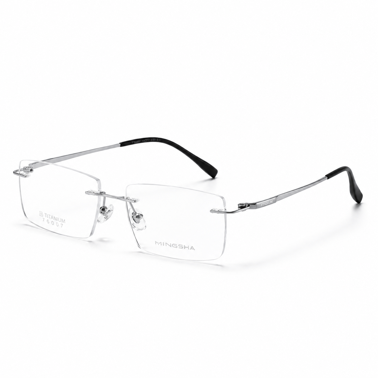 Silver Men's Semi-Titanium Rimless Rectangular Glasses, 45-degree product view