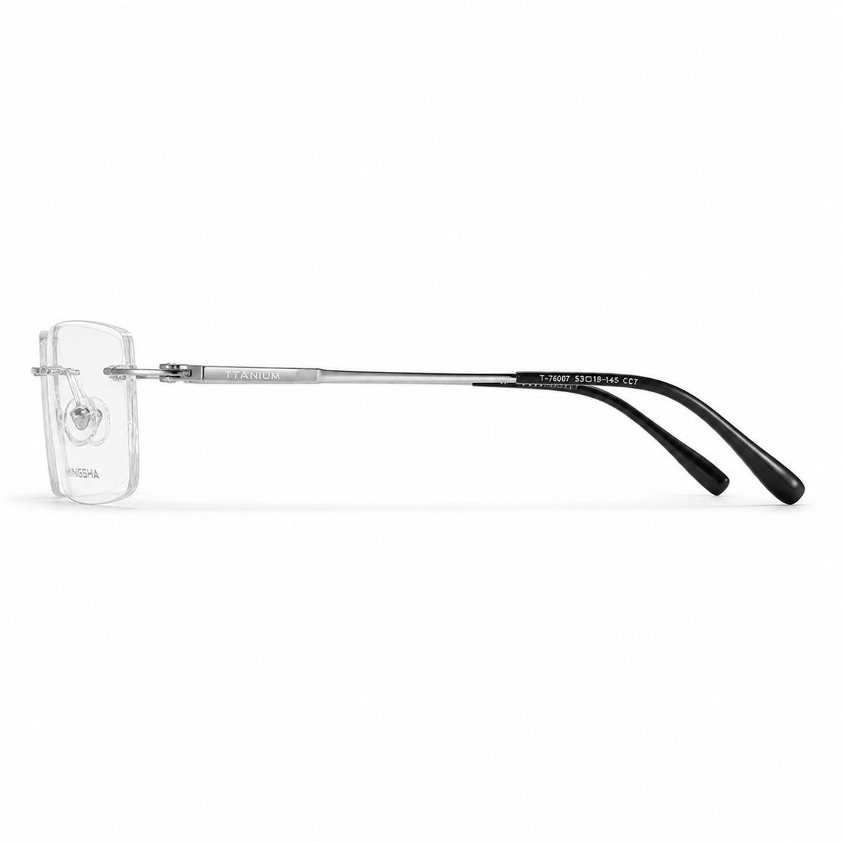 Silver Men's Semi-Titanium Rimless Rectangular Glasses, side temple product view