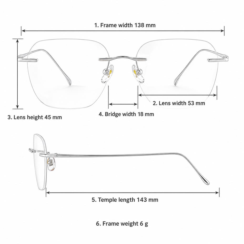 Silver Minimalist Versatile Rimless Eyeglasses measurement size guide