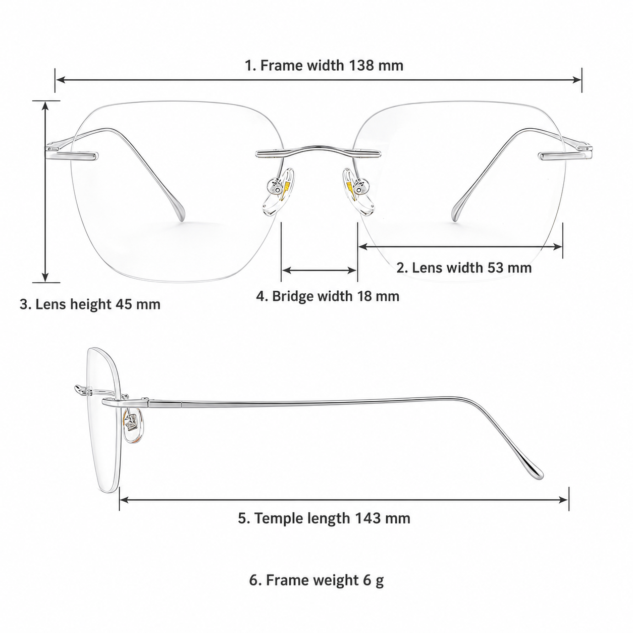 Silver Minimalist Versatile Rimless Eyeglasses measurement size guide