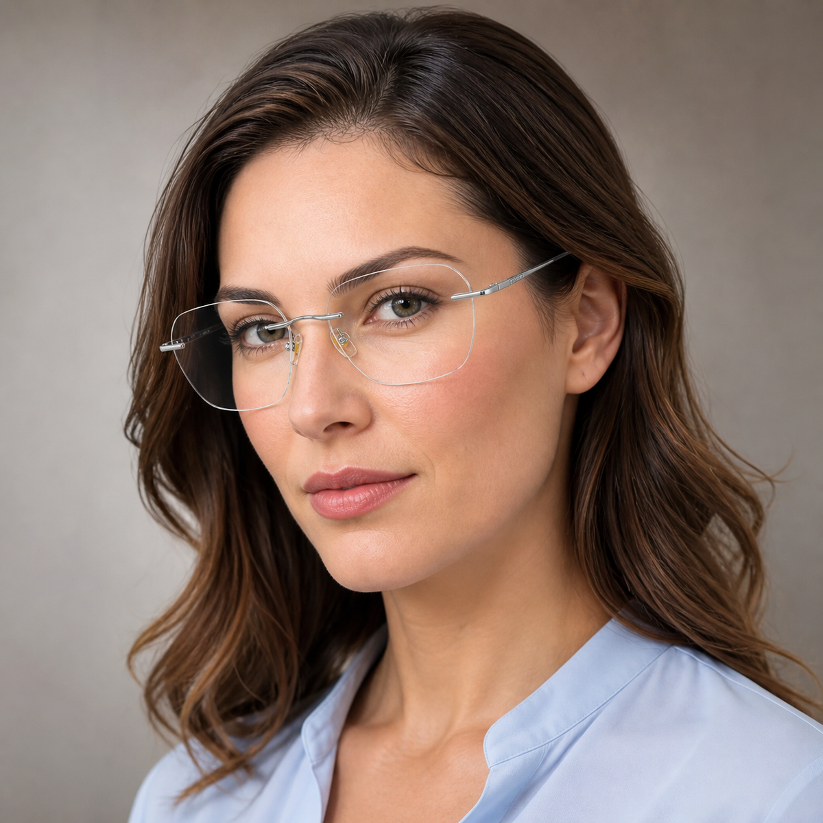 Adult model wearing Silver Minimalist Versatile Rimless Eyeglasses, lifestyle view 1