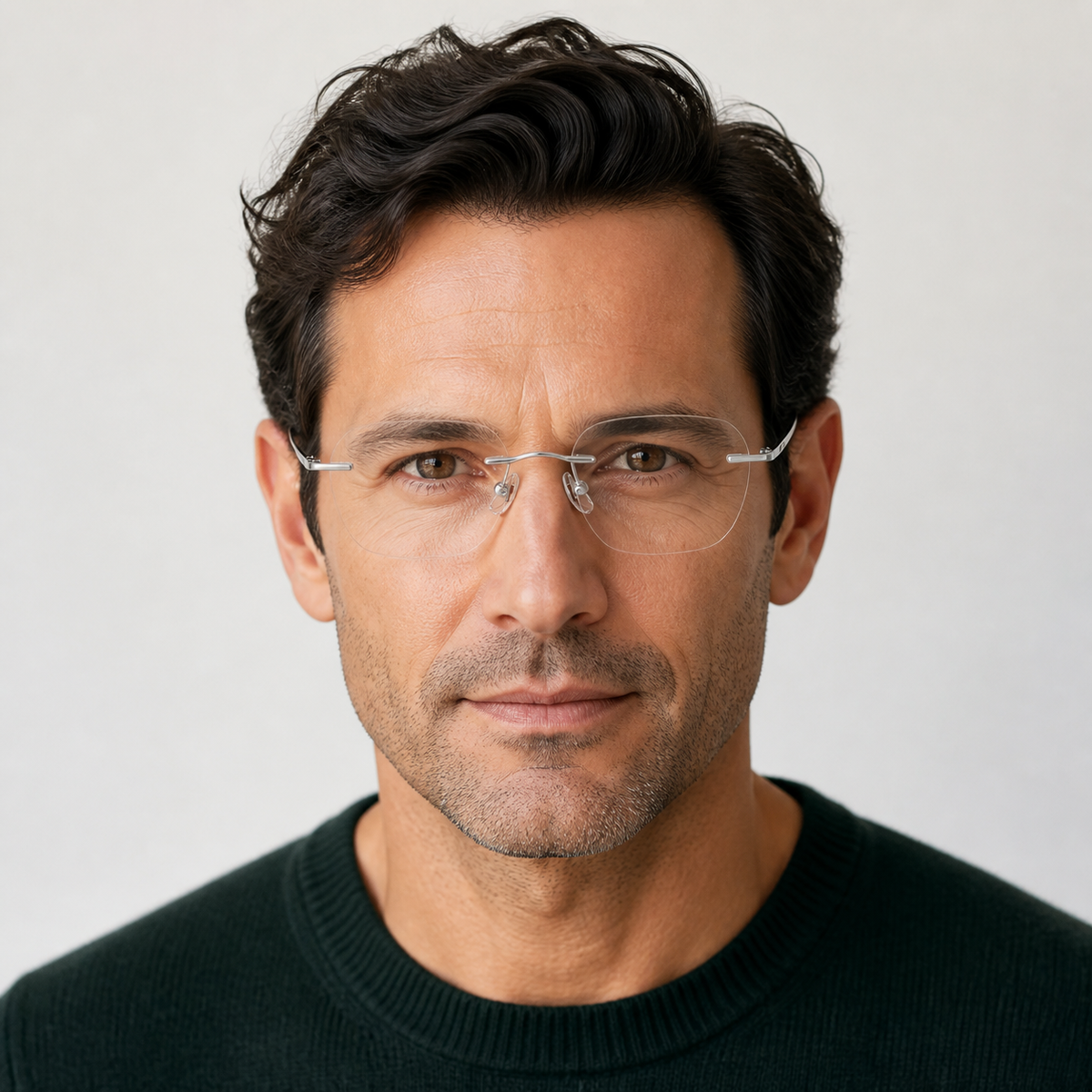 Adult model wearing Silver Minimalist Versatile Rimless Eyeglasses, lifestyle view 2