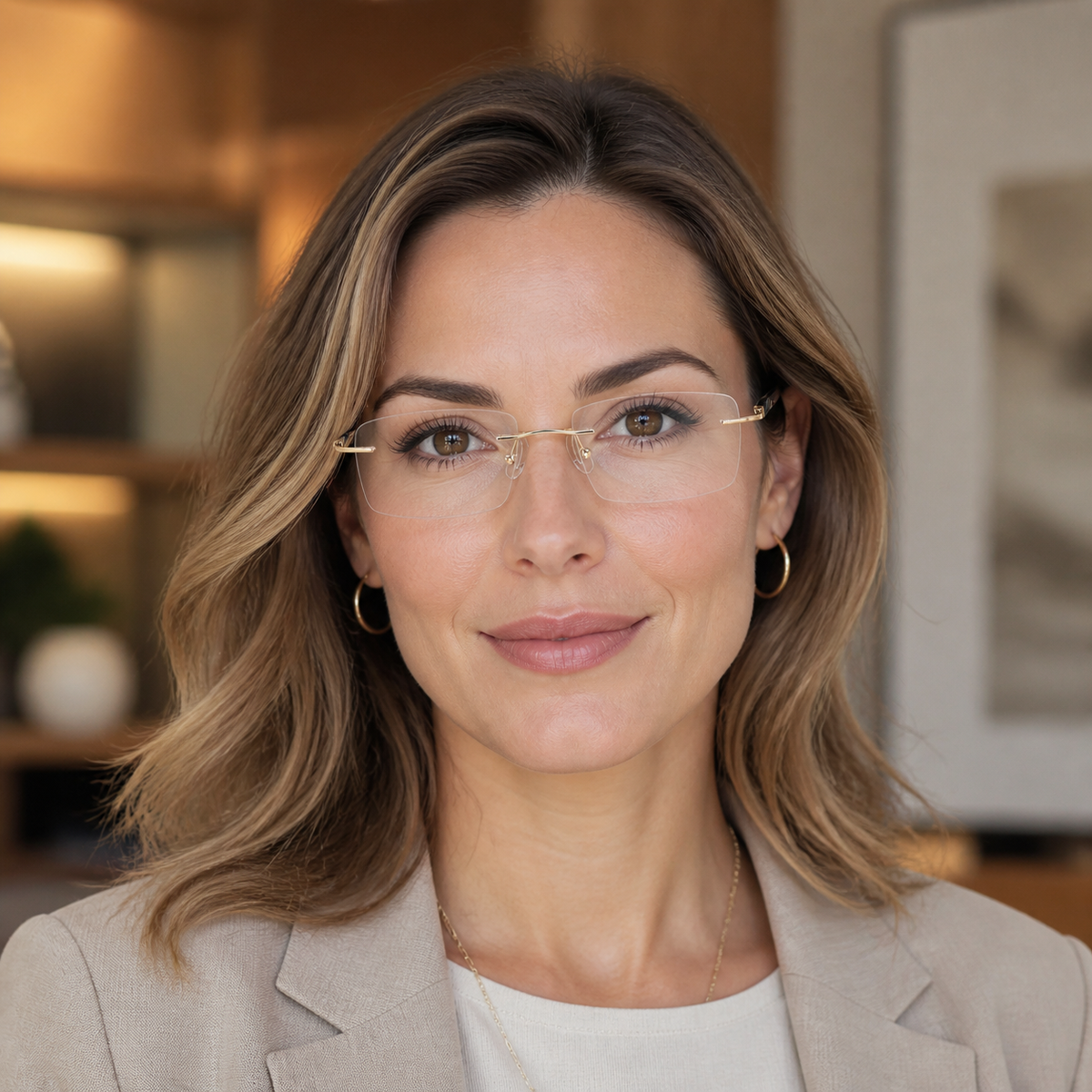 Adult model wearing Gold Modern Business Casual Rimless Eyeglasses, lifestyle view 2