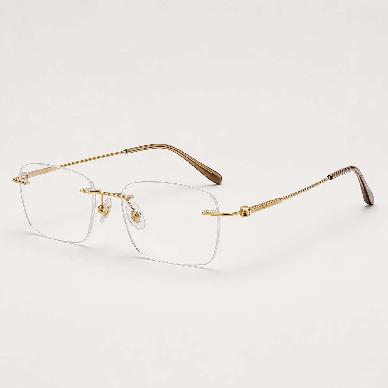 Gold unisex pure titanium rimless rectangular glasses, 45-degree product view