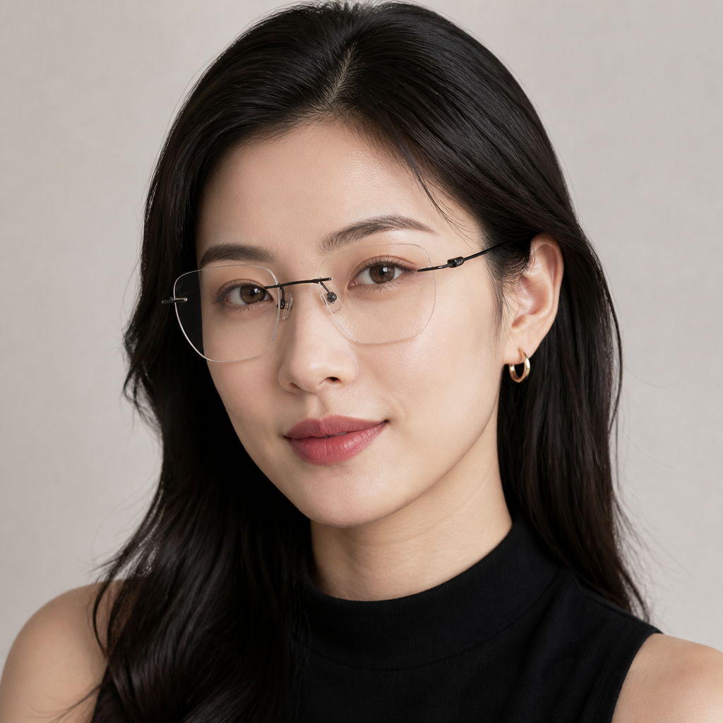 Black Unisex Pure Titanium Rimless Geometric Glasses, worn by an adult model, front fit