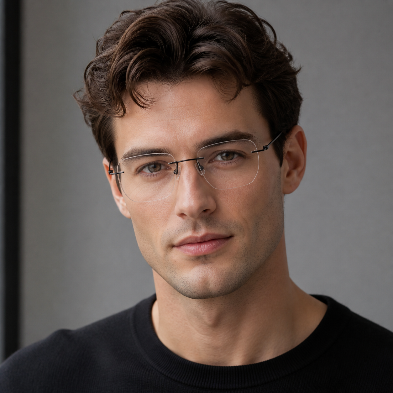 Black Unisex Pure Titanium Rimless Geometric Glasses, worn by an adult model, alternate fit