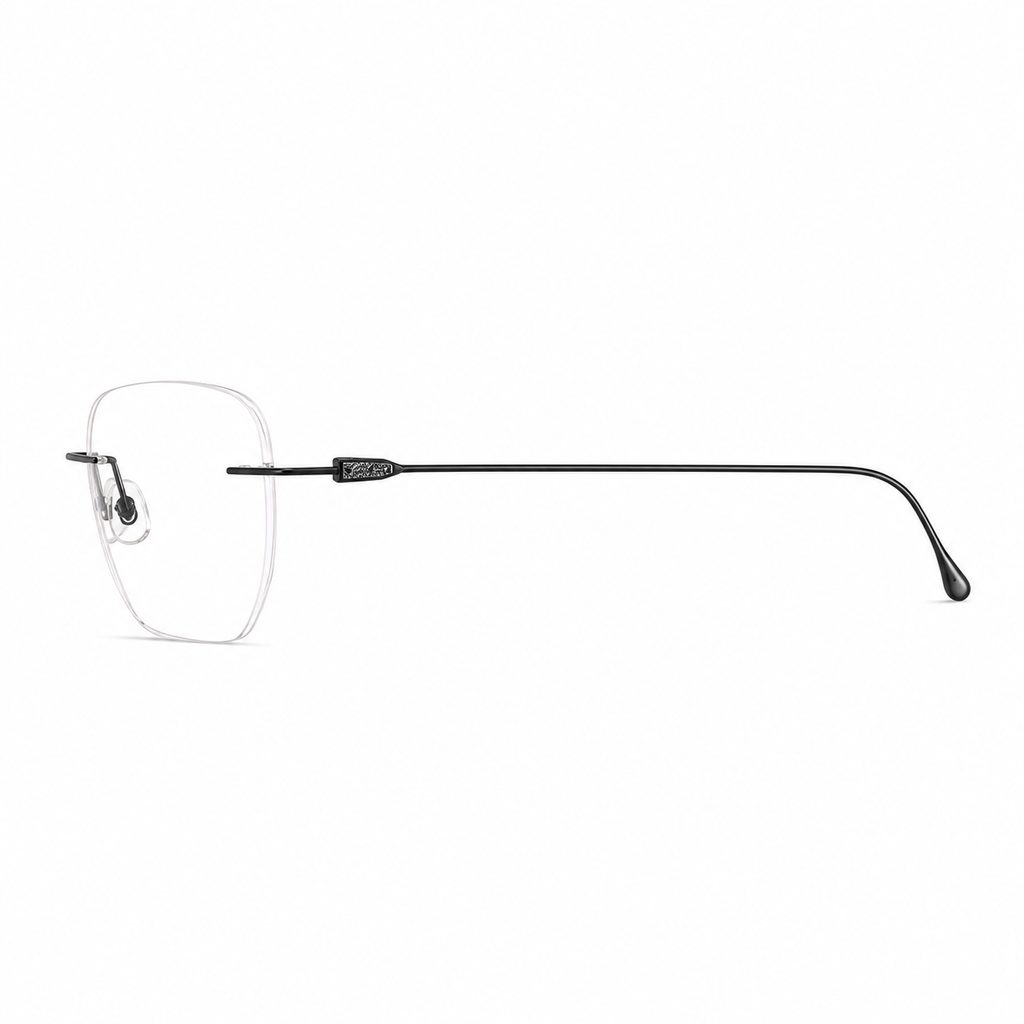 Black Unisex Pure Titanium Rimless Geometric Glasses, side temple product view