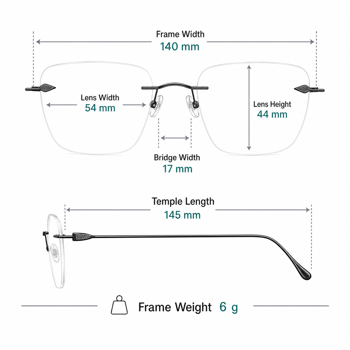Unisex Pure Titanium Rimless Geometric Glasses frame measurements and weight guide