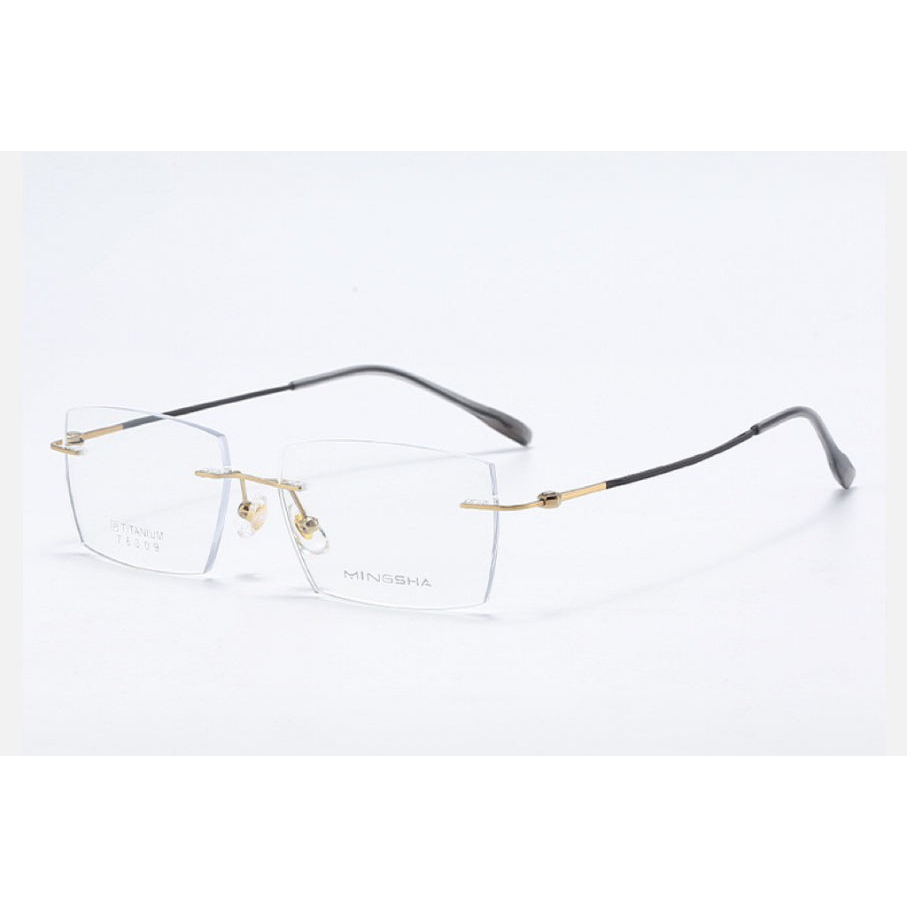 Gold Men's Semi-Titanium Rimless Geometric Glasses, 45-degree product view